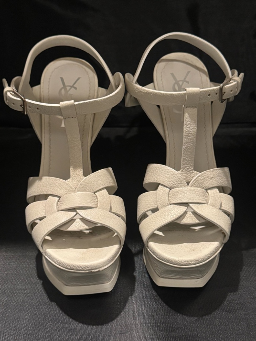 Yves Saint Laurent Brand-New White Leather “Tribute” T-Strap Platform Stilettos